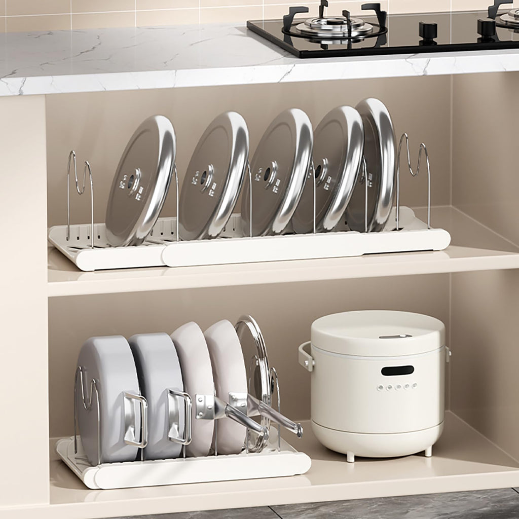LICRUGU Pot Rack : Pots and Pans Organizer Under Cabinet 7 Adjustable Compartment Expandable Pot Lid Holder for Kitchen Cookware, Bakeware, Lid, Dishes, Cutting Boards,Apricot