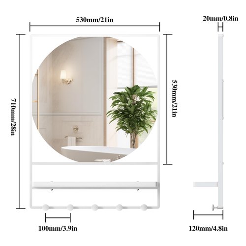 LETSFIELD Bathroom Mirror with Shelf and Hooks 28 x 21 Inch Modern Rectangle Wall Mirror for Bathroom, Metal Framed Bathroom Vanity Mirror for Over Sink, Entrance (White)