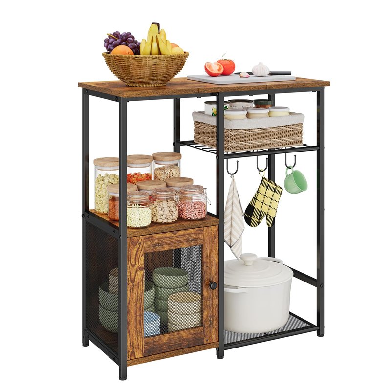 Small Kitchen Island Table with Storage, 4 Tier Microwave Stand, Bakers Rack, Coffee Bar Cabinet Station with Storage Cabinet, Kitchen Rack with Adjustable Shelves & 3 Hooks for Kitchen Dining Room