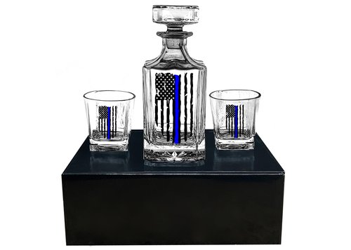 Rogue River Tactical Blue Line Tattered Flag Police Officer Whiskey Decanter Gift Set With 2 Glasses Custom Gift For Men Dad Father's Day PD Police Officer