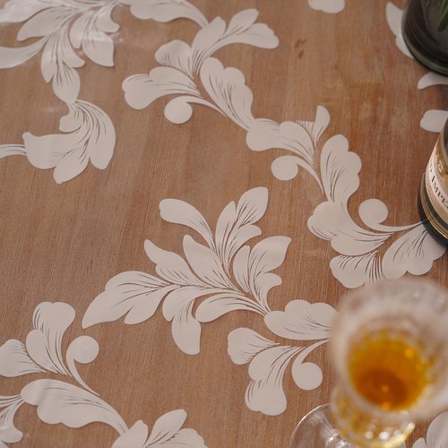 Artbloss Vinyl Table Cloth Rectangle Clear Table Cover Protector with Block Printed Pattern Oil Spill Proof Farmhouse Rustic Plastic Table Covers for Dining Tables (Scroll Grass, 55 x 120 Inches)