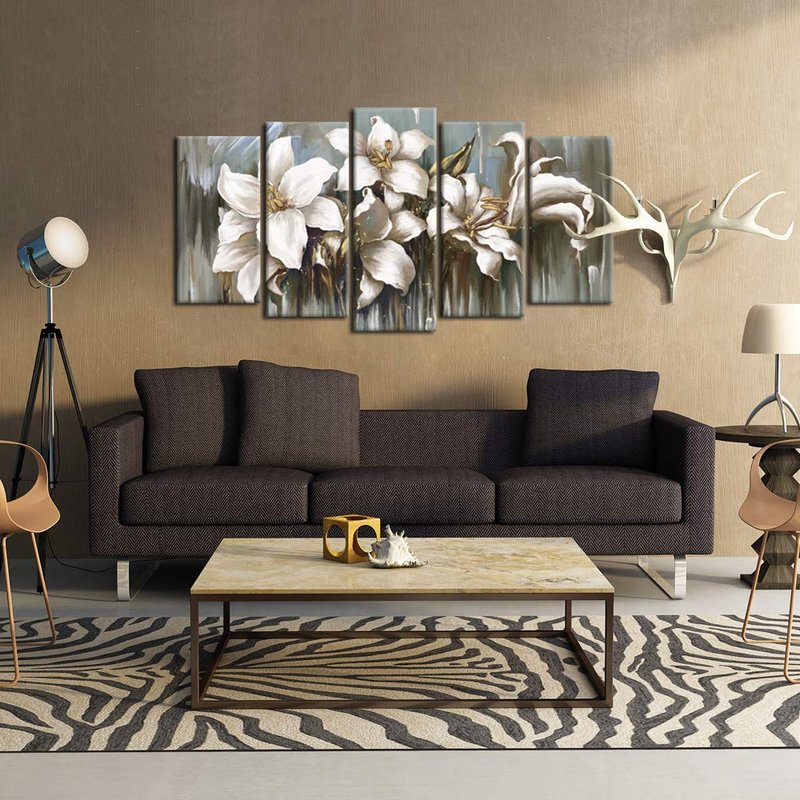 KREATIVE ARTS 5 Panel Flowers Canvas Wall Art Modern Wrapped Floral Artwork Giclee Canvas Prints White and Grey Tulip Paintings on Canvas Ready to Hang for Living Room (Large Size 60x32inch)