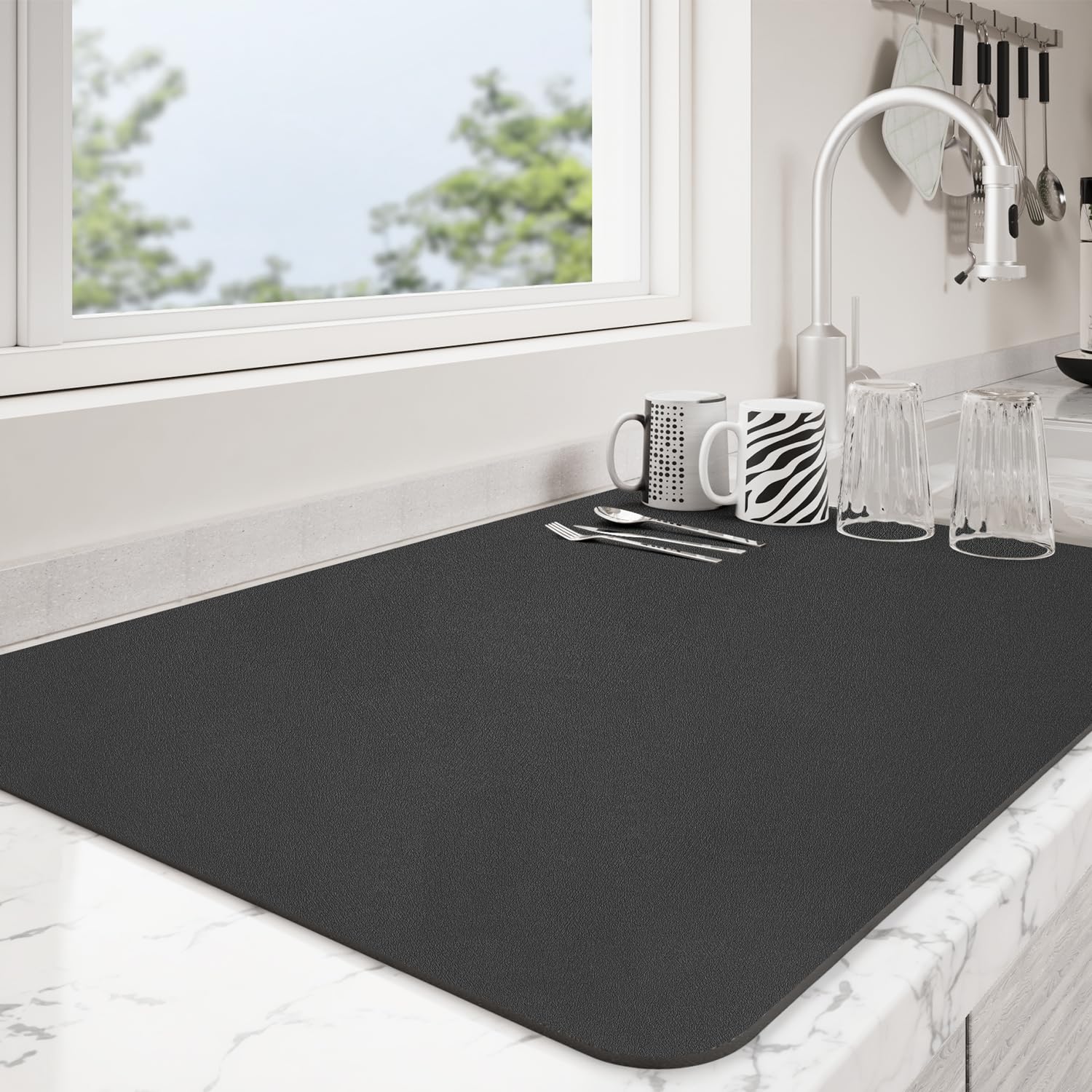 Ecotrim - Dish Drying Mat for Kitchen Counter | Coffee Bar Mat for Countertops | Heat Resistant Drainer Mat with Non-slip Rubber Backed | Hide Stain Kitchen Absorbent Draining Mat | Black 16"x20"