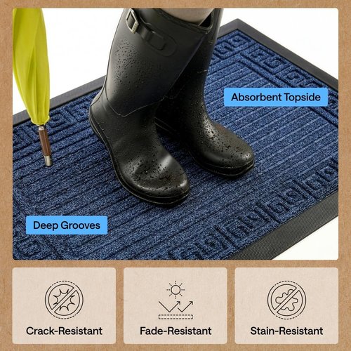 GORILLA GRIP Waterproof All-Season WeatherMAX Doormat - 35x23, Natural Rubber, Stain & Fade Resistant, Navy Greek Keys