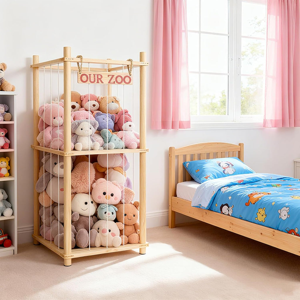Natural Pine Wood Stuffed Animal Storage by Stuffed Animal Zoo - Space-Saving Plushie Playhouse for Kids