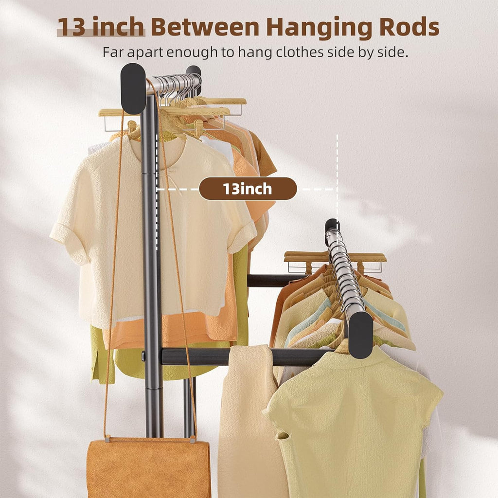 Skiennix Double Rod Clothing Rack - Portable Metal Garment Rack with Rolling Wheels | Black