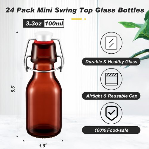 Tessco 24 Pcs Mini Swing Top Glass Bottles with Stoppers Small Flip Top Bottles with Airtight Lids for Crafts Decoration Wedding Themed Party Favors(3.3 oz,Amber)