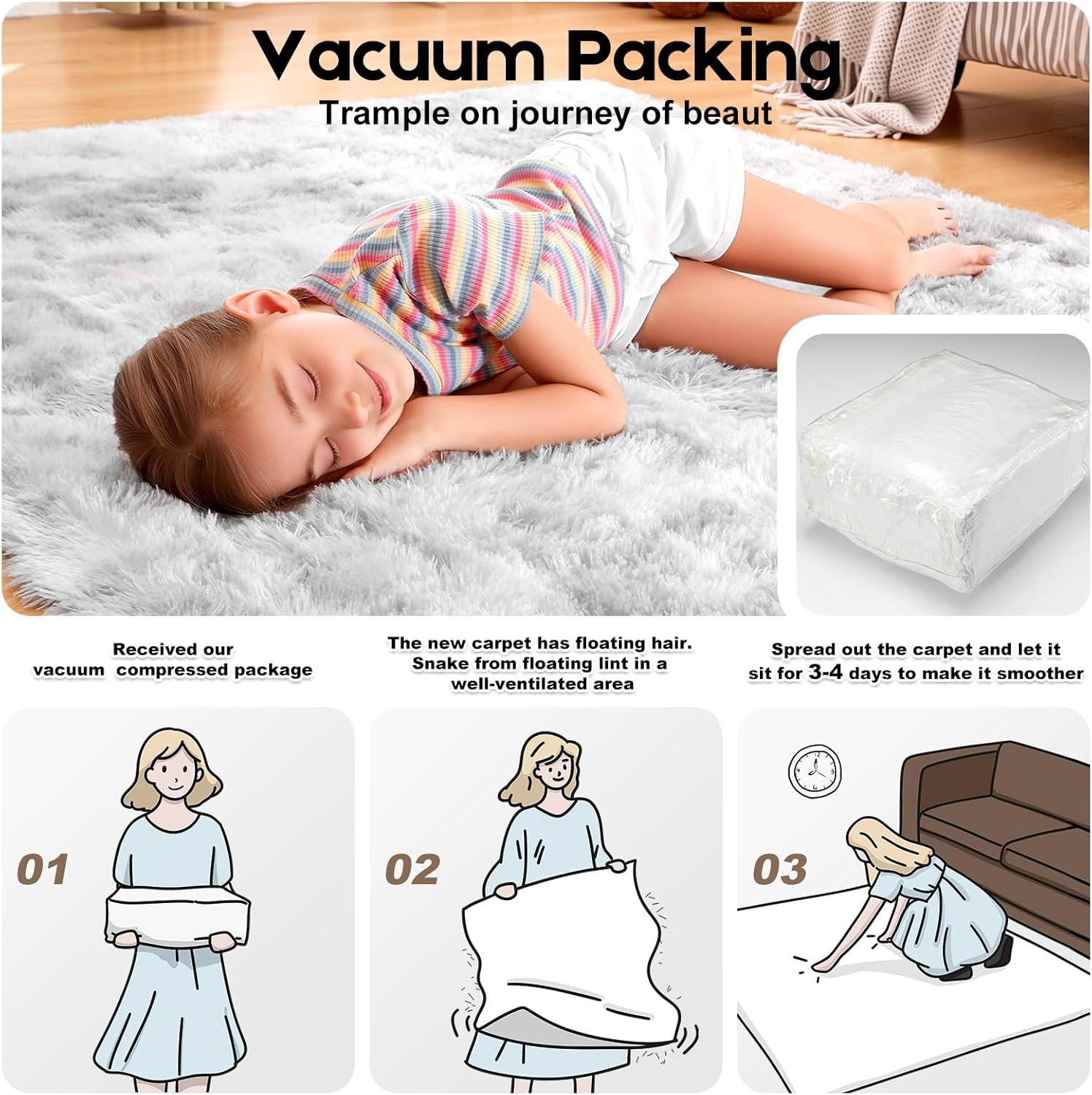 Skiennix Tie-Dyed Grey Area Rug - Soft Fluffy Shag Carpet for Kids Room | 2ft x 3ft with Non-Slip Stickers