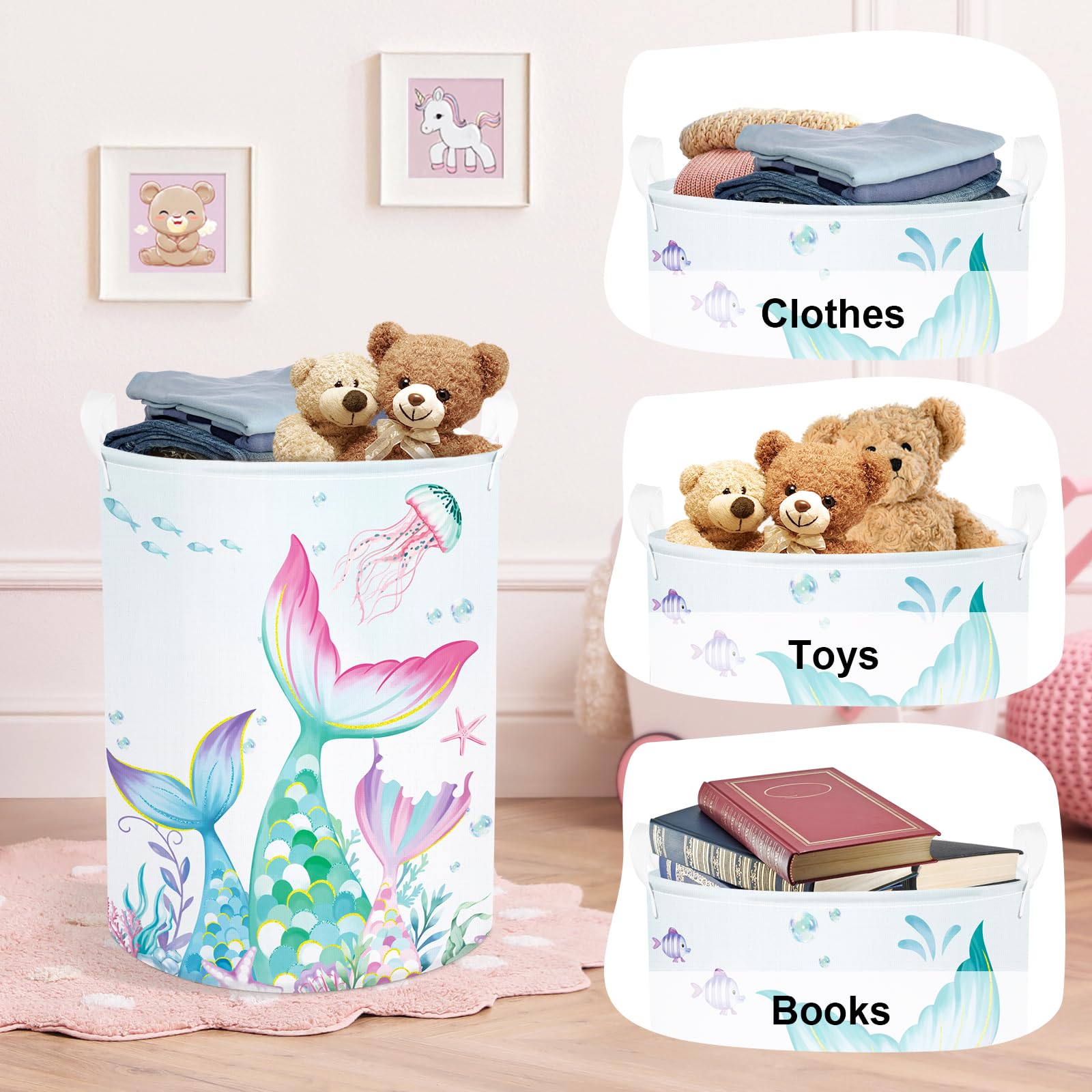 HUUMONSS Fantasy Princess Laundry Hamper Colorful Large Storage Basket Collapsible Parents Organizer Kids Toy Clothes Bins for Bedroom, Bathroom, Mermaid, 63L