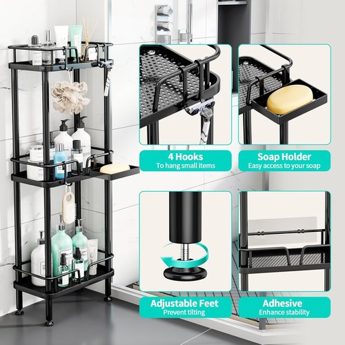 HapiRm 3-Tier Corner Shower Caddy - Rustproof Stainless Steel Organizer with Soap Holder & 4 Hooks | Black