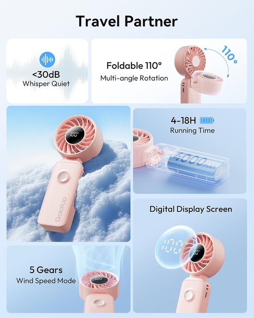 Gaiatop Portable Handheld Fan - 5 Speed Rechargeable with 18-Hour Battery Life | 3-in-1 Neck, Desk & Hand Fan - Pink