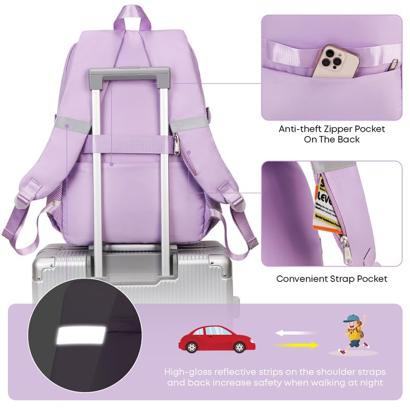qodbopack 3PCS Student Backpack For School Women College Middle High Teen Girls Bookbag Waterproof Laptop Bag Purple