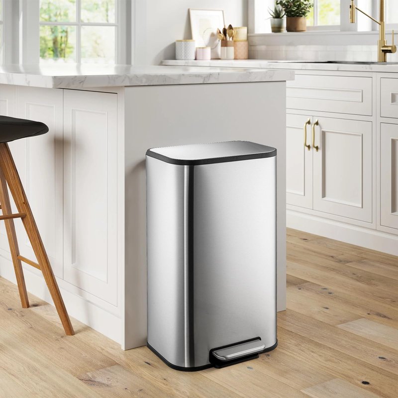 GlowSol Kitchen Trash Can with Lid, 8 Gallon Stainless Steel Garbage Can, Rectangular Step On Waste Bin with Foot Pedal & Inner Bucket, Quiet Close, for Kitchen Office