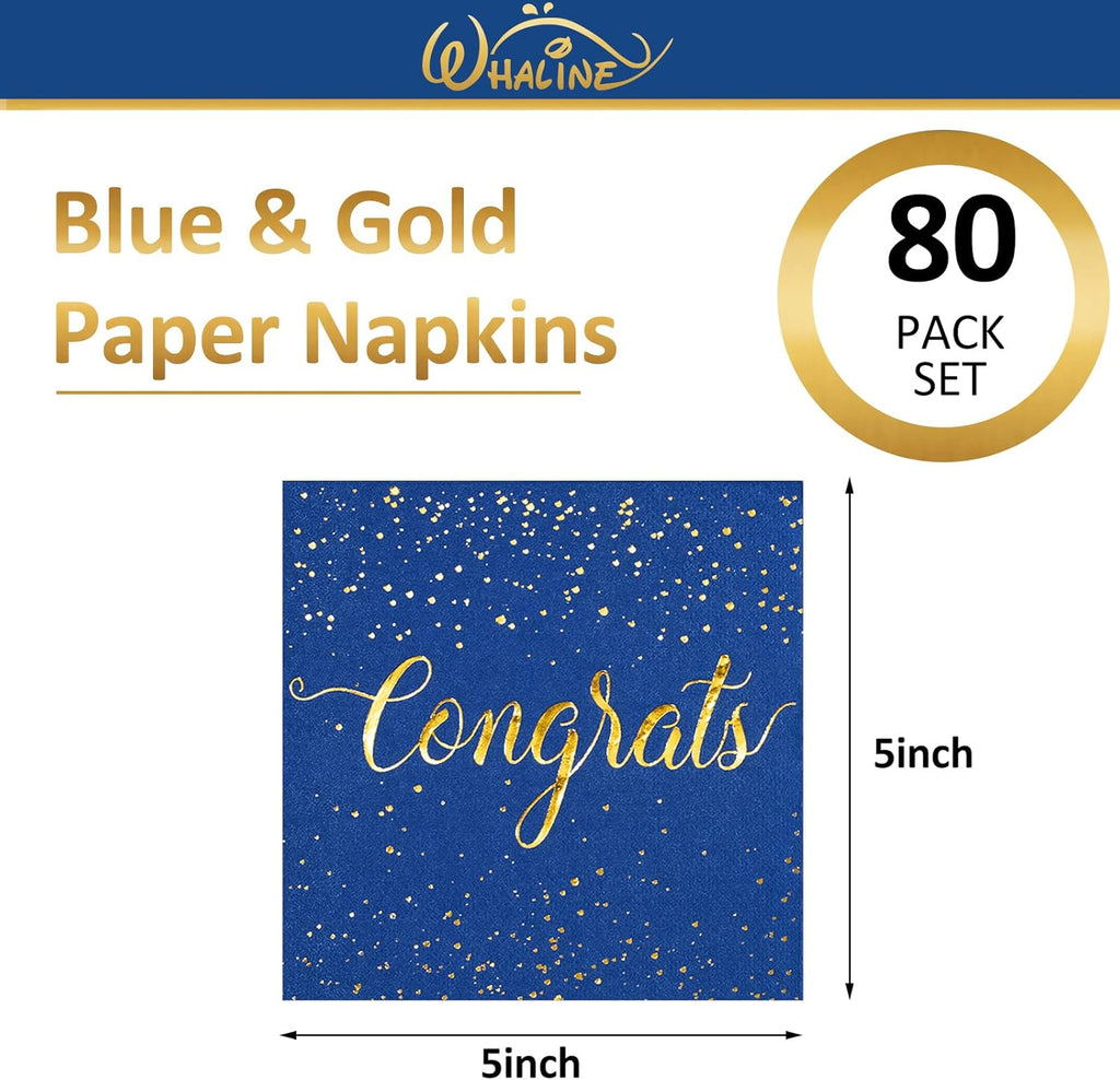 Whaline Graduation Cocktail Napkins - 80 Pack Blue & Gold Foil Congrats Design | Disposable Party Tableware