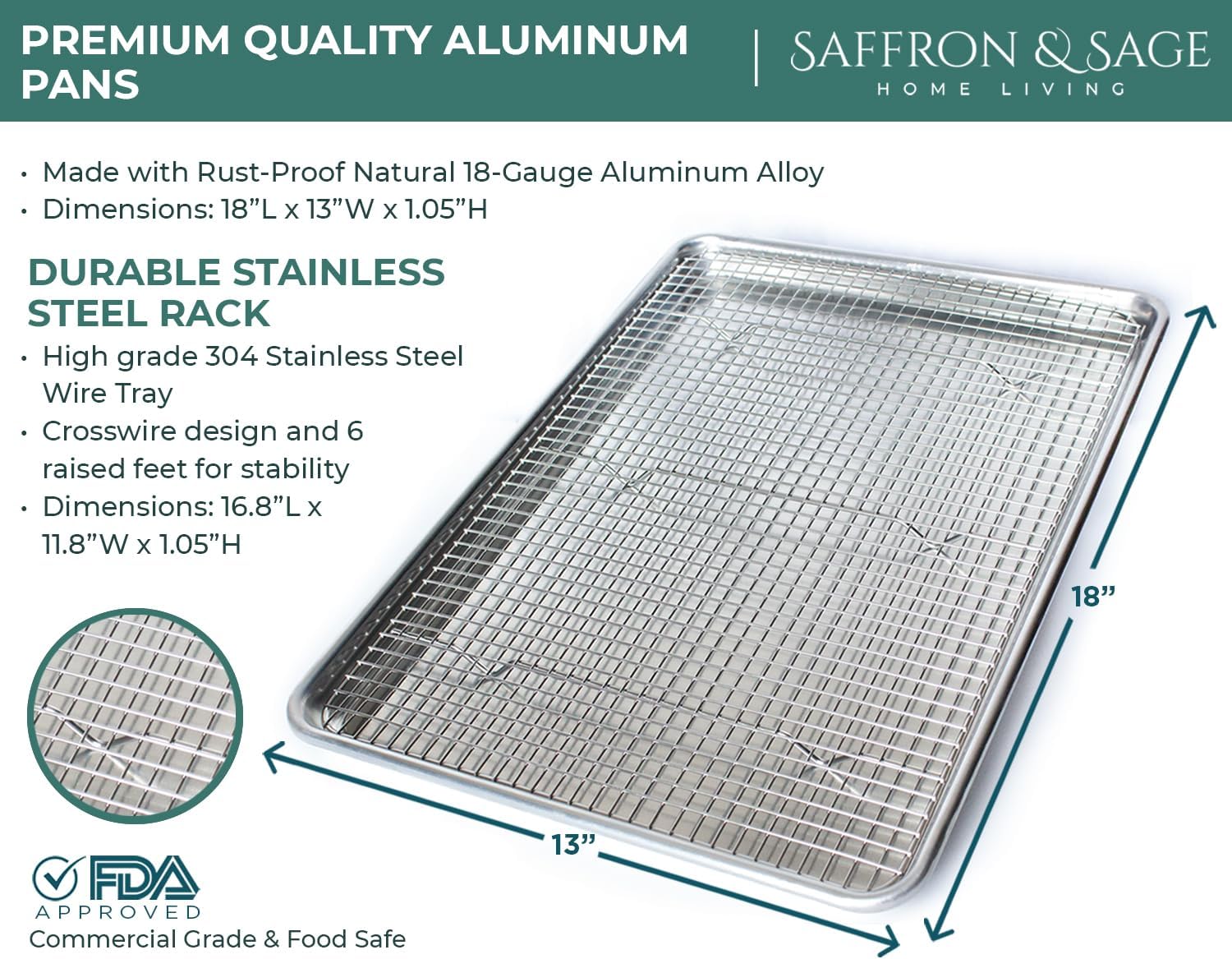 Skiennix Commercial Quality Cookie Sheet & Rack Set - Heavy Duty Aluminum Baking Pan 13x18, Rust & Warp Resistant