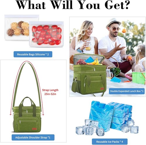 Coobiiya Insulated Lunch Bag Cooler - 23L Large Expandable Design | Leakproof & Heavy Duty with 4 Ice Packs & 10 Snack Bags for Camping, Travel, Beach
