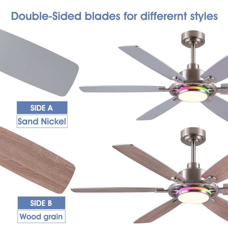 SHIHOT 54" RGB Ceiling Fans with Lights and Remote/APP,Modern Led Ceiling Fans with Quiet Reversible DC Motor,Sand Nickel