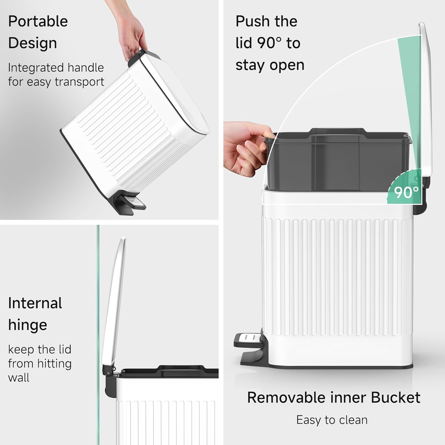 TIPGO Slim Bathroom Trash Can - Soft Close Lid & Step Pedal - 6 Liter Stainless Steel Bin (White)