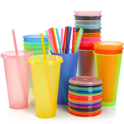 Tlence 20 Pack Glitter Tumblers with Lids and Straws, 24 OZ Reusable Plastic Iced Coffee Cup, Clear Cold Water Bottle Travel Mugs Bulk for Smoothie Juices, Perfect for Parties Birthdays, Multicolors