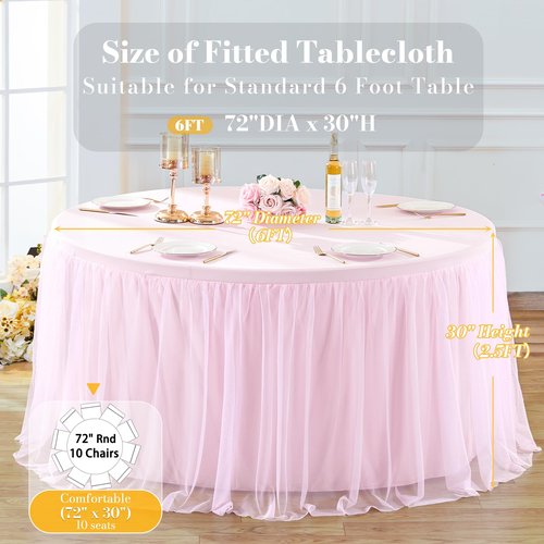 Pink Tulle Round Valentine Table Cloth for 72 Inch Round Tables, Pink Banquet Tablecloth Table Cover, Floor Length Tablecloths, Circle Tutu Tulle Table Cloths Table Skirt for Wedding Party