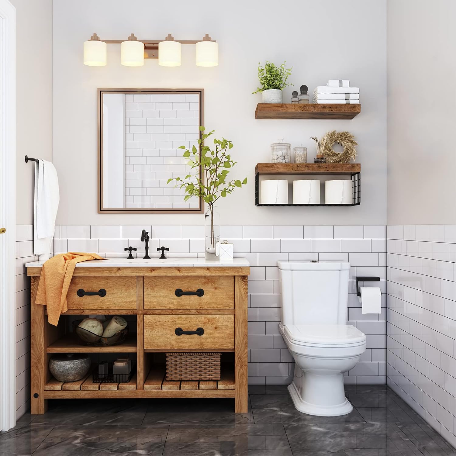 QEEIG Bathroom Shelves Over Toilet - Rustic Brown Wall-Mounted Floating Shelves | Set of 2, 16 Inch Storage Solution