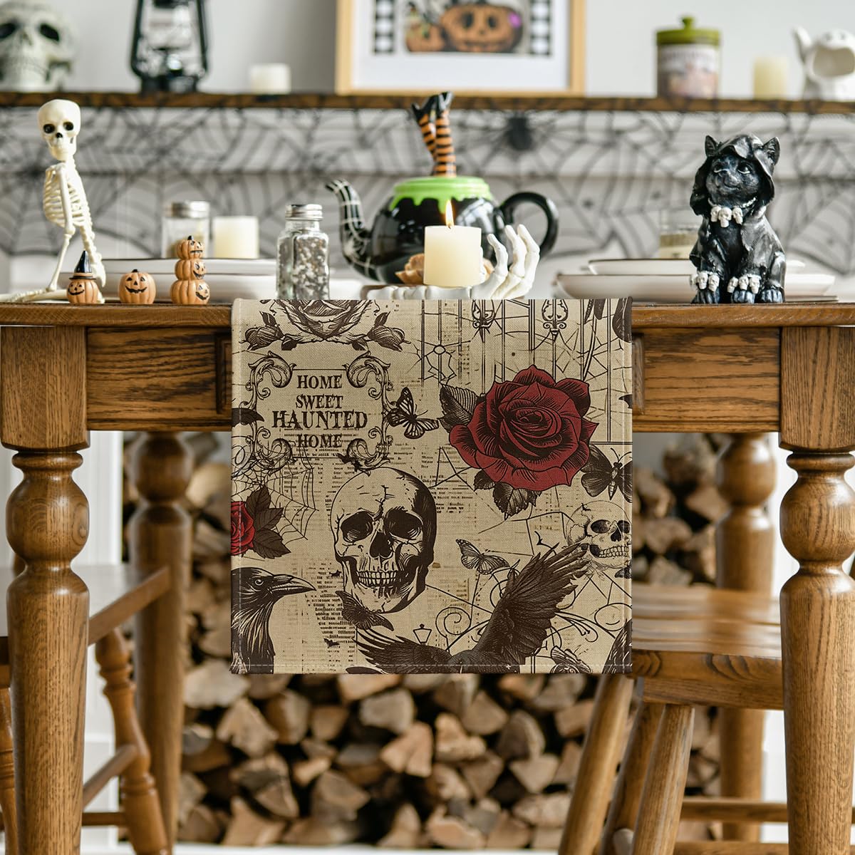Artoid Mode Retro Gothic Skull Day of The Dead Halloween Table Runner, Roses Holiday Kitchen Dining Table Decoration for Home Party Decor 13 x 108 Inch