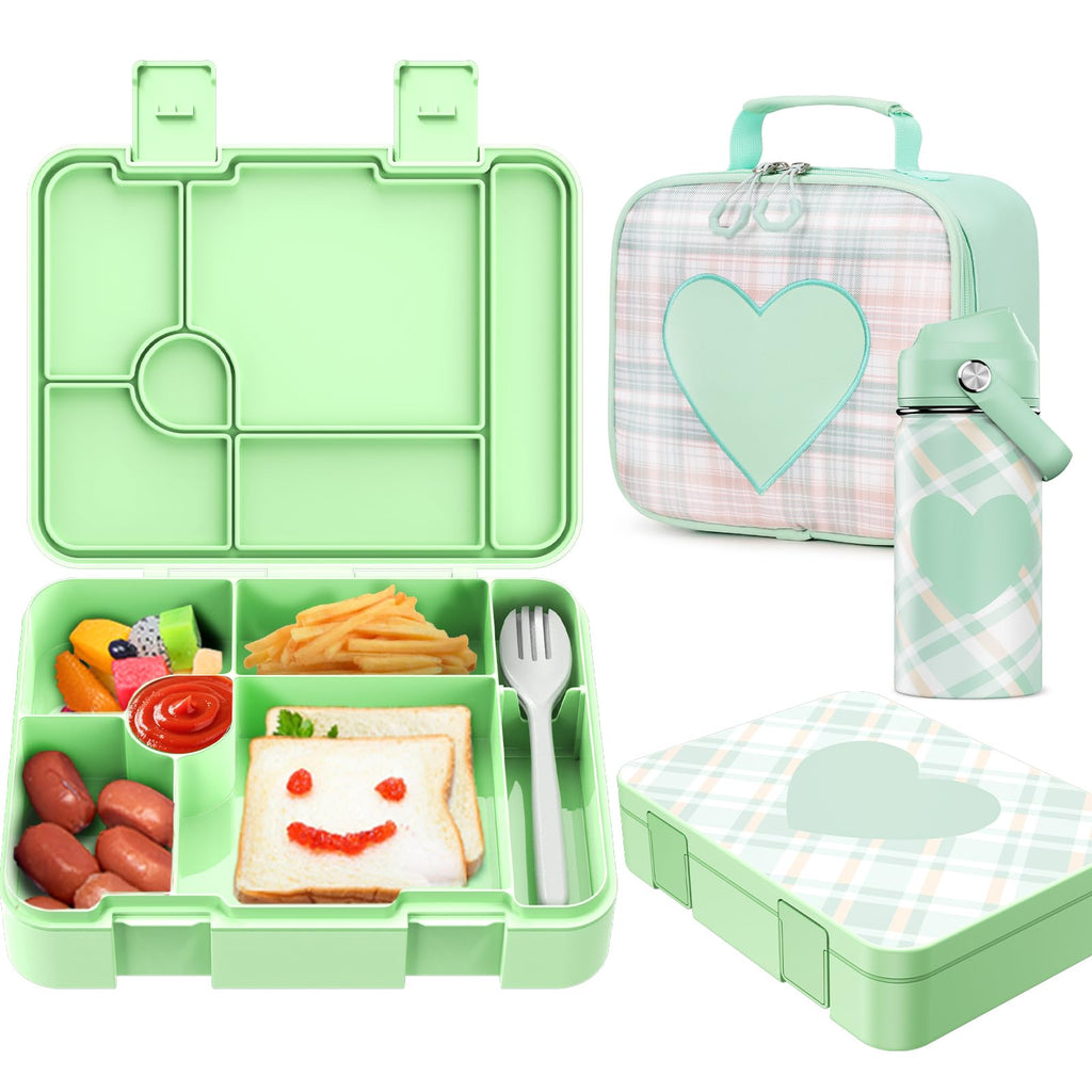Bevalsa Bento Box for School Kids with Insulated Water Bottle Set - 43oz Lunch Containers Lunchbox Bento Box, 14oz Termos Kids Water Bottle, Lunch Bag for School Girls Kid Student (Green Plaid)