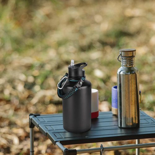 64 oz Insulated Water Bottle with Straw & Spout Lids, Stainless Steel Metal Half Gallon Water Jug with Paracord Handle, Double Wall Vacuum, Leakproof, Keep Drinks Cold & Hot, Black