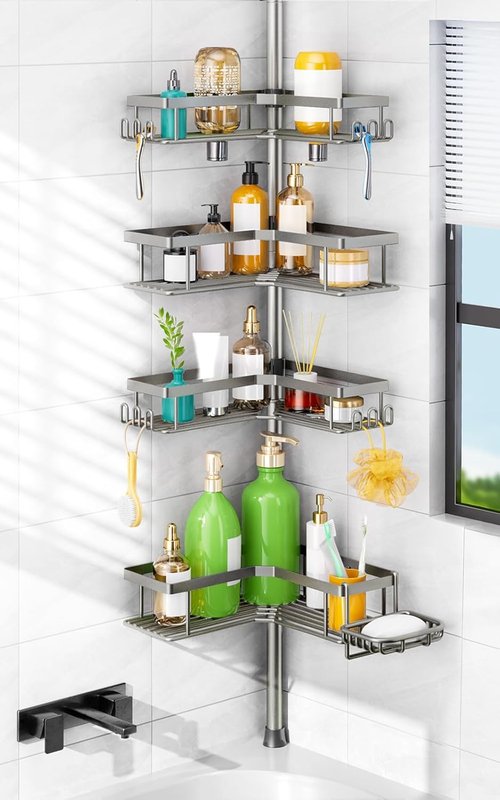 HAMITOR Shower Caddy - 4-Tier Rustproof Bathroom Organizer with Soap Holder | Adjustable No-Drill Design for Small Spaces - 47-123 Inch