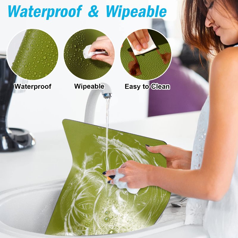 Placemats Set of 6, Two Sided placemat with Coaster -Waterproof - Heat Resistant - Wipe Clean - Anti Slip Dining Table Place Mats, Suitable for Indoor & Outdoor Use(Green & Gray)