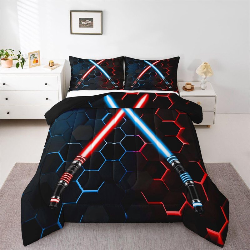 Neon Red Blue Lightsaber Bedding Set Twin Size Geometric Honeycomb Comforter Set 2Pcs for Kids Girls Boys Teens Room Decor Fashion Games Quilt Set Black 3D Hexagon Duvet Insert,1 Pillowcase