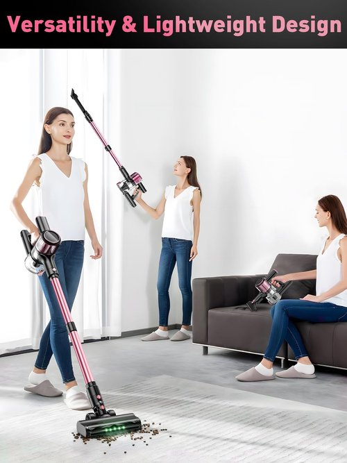 Cordless Vacuum Cleaner,40Kpa 8 in 1 Powerful Stick Vacuum, with Anti-Tangle Brush and Upgraded Green Light, 45mins Runtime Rechargeable Lightweight Vacuums for Hardwood Floor, Pet Hair (Pink)