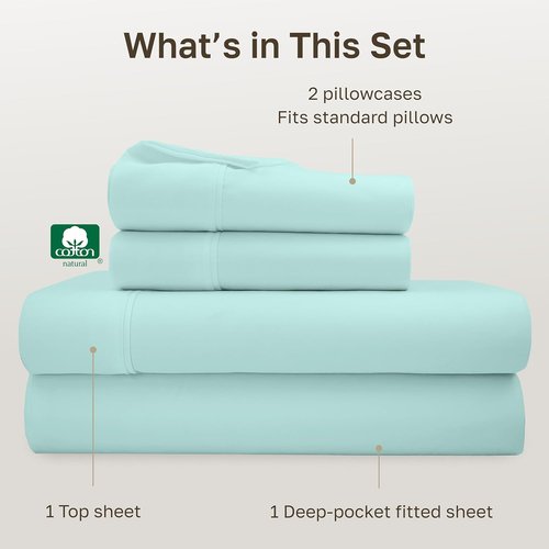 California Design Den Full Size Bed Sheets Set - 100% Cotton, 400 Thread Count, Smooth Sateen Finish, Deep Pockets - Seafoam