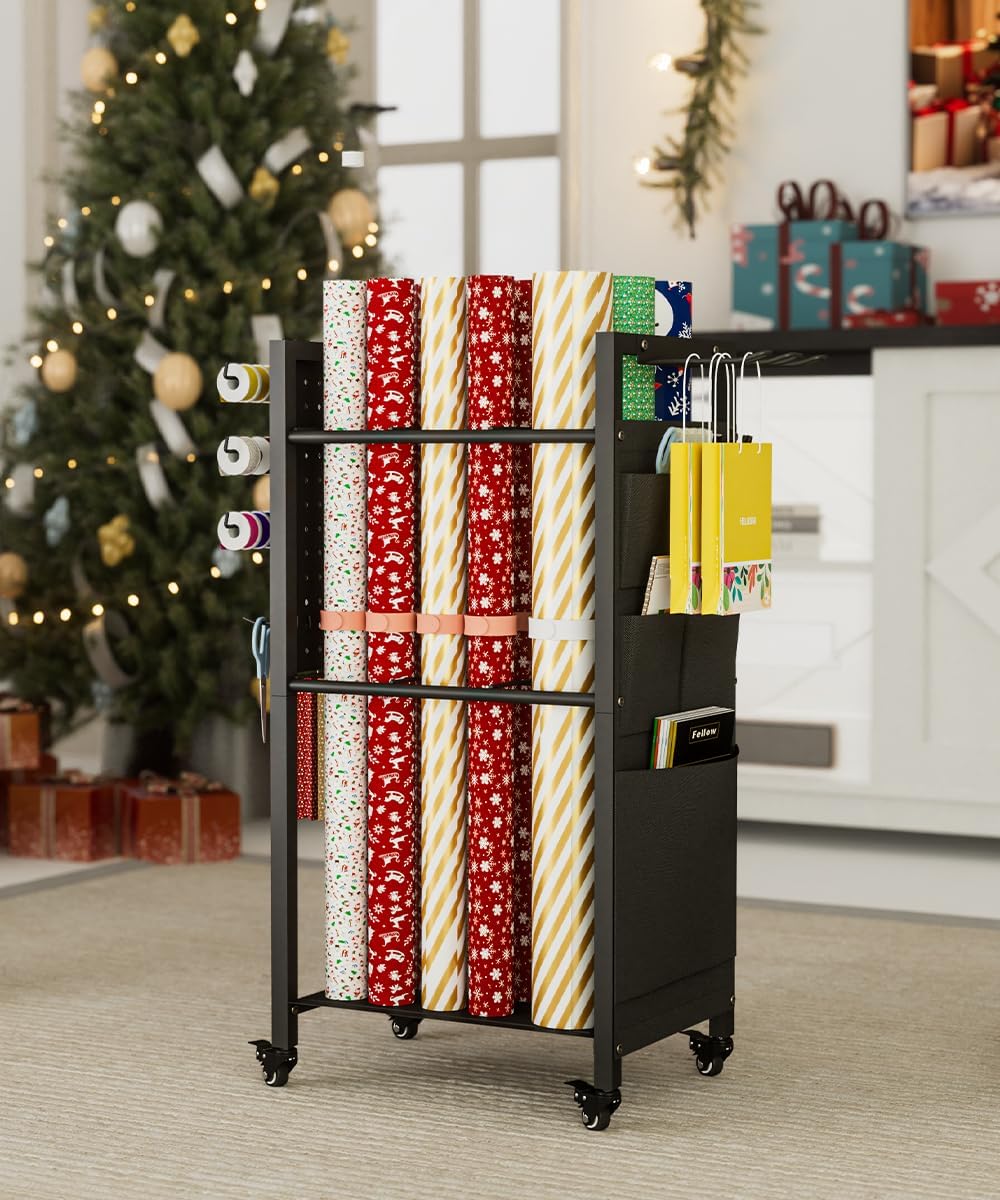 Skiennix Wrapping Paper Storage Organizer - Rolling Gift Wrap Station with Wheels & 12PCS Slap Bands | Black