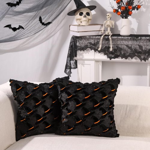 Heirloom Haven Halloween Witch Hat Pillow Covers Set of 2,Black Hat Soft Plush Faux Fur Jacquard Couch Cushion Case Holiday Farmhouse for Sofa Home Decor 18 x 18 Inch