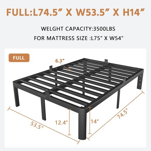 Full Bed Frame by [Brand Name] - Heavy Duty 14 Inch Metal Design with No Box Spring Needed | Noiseless, Easy Assembly, Black