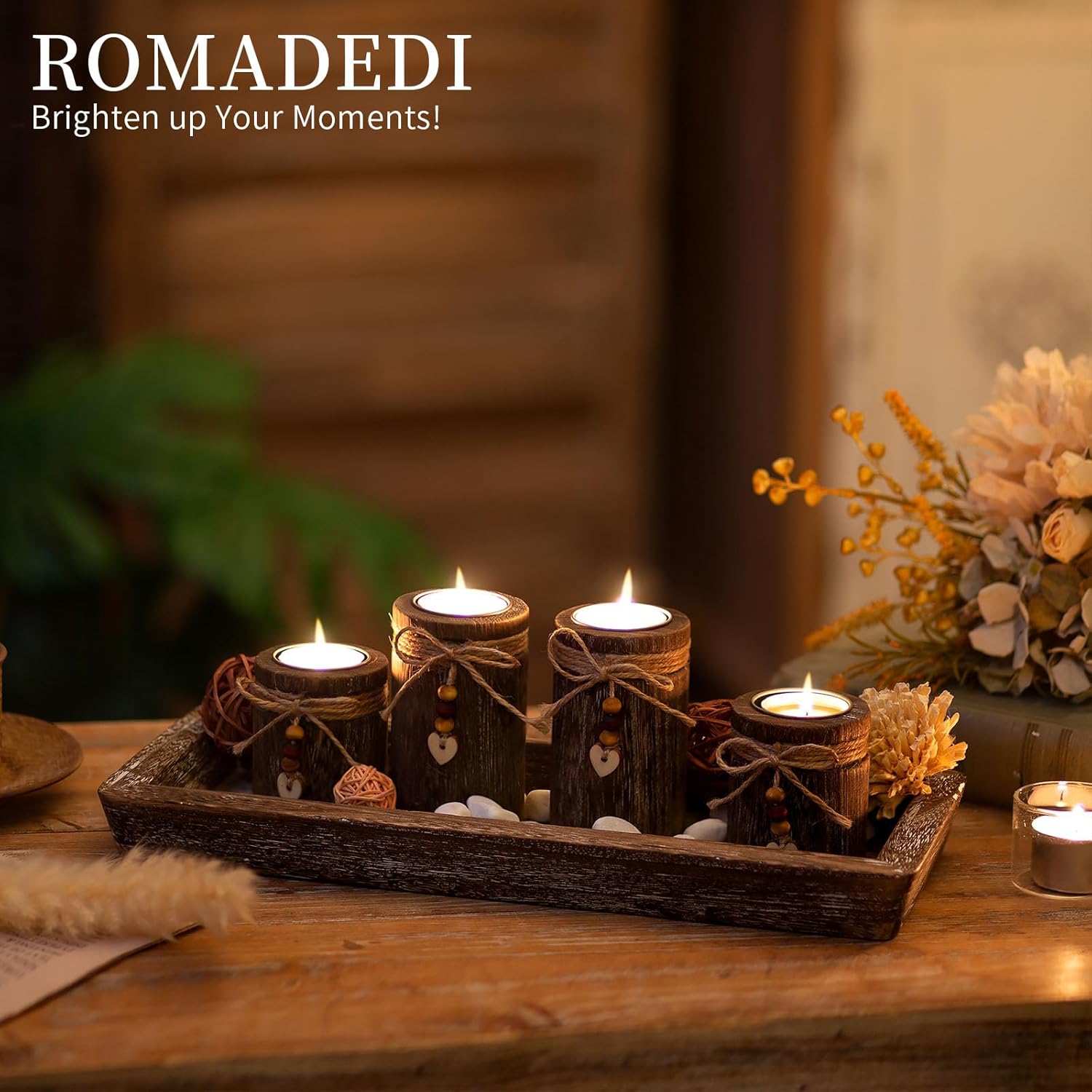 Romadedi Boho Wooden Tray Candle Holder Set - Farmhouse Coffee Table Decor with 4 Tealight Holders