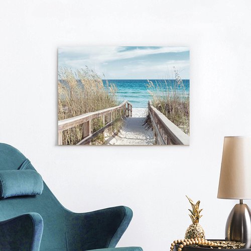 Beach Seascape Canvas Wall Art - Coastal Picture Artwork with Wooden Fence and Weeds Pathway to Ocean for Bedroom Wall Decor（24 x 18)