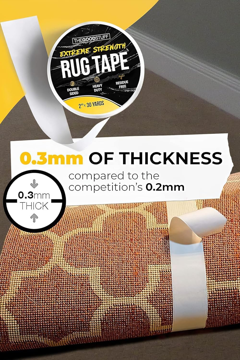 The Good Stuff Double-Sided Carpet Tape - Heavy-Duty Non-Slip Rug Gripper | 2"x10yd, No Residue, Easy Removal