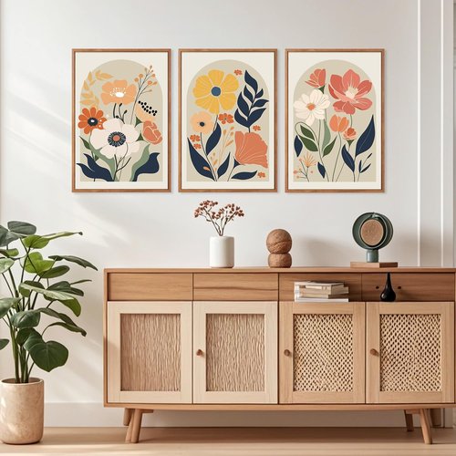 KAIRNE Boho Canvas Wall Art - Abstract Floral Prints Set of 3 (16”X24”) | Modern Minimalist Decor for Living Room & Bedroom