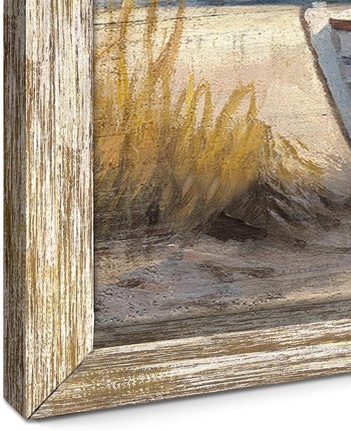 Coastal Wall Art by Beach | Ocean Boat Sunset Painting - Framed Seascape Decor 40”x20”