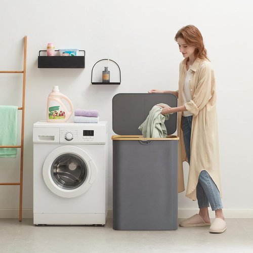 Lifewit 150L Laundry Basket - Foldable Hamper with Lid, Bamboo Handles & 2 Removable Bags | Grey
