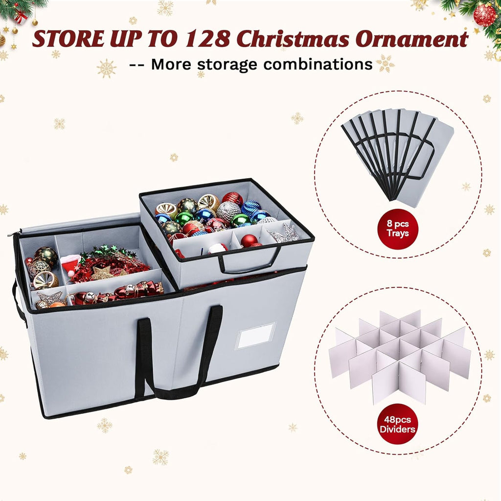Skiennix Christmas Ornament Storage Box - Organize 128 3-Inch Ornaments | 8 Removable Trays, Grey