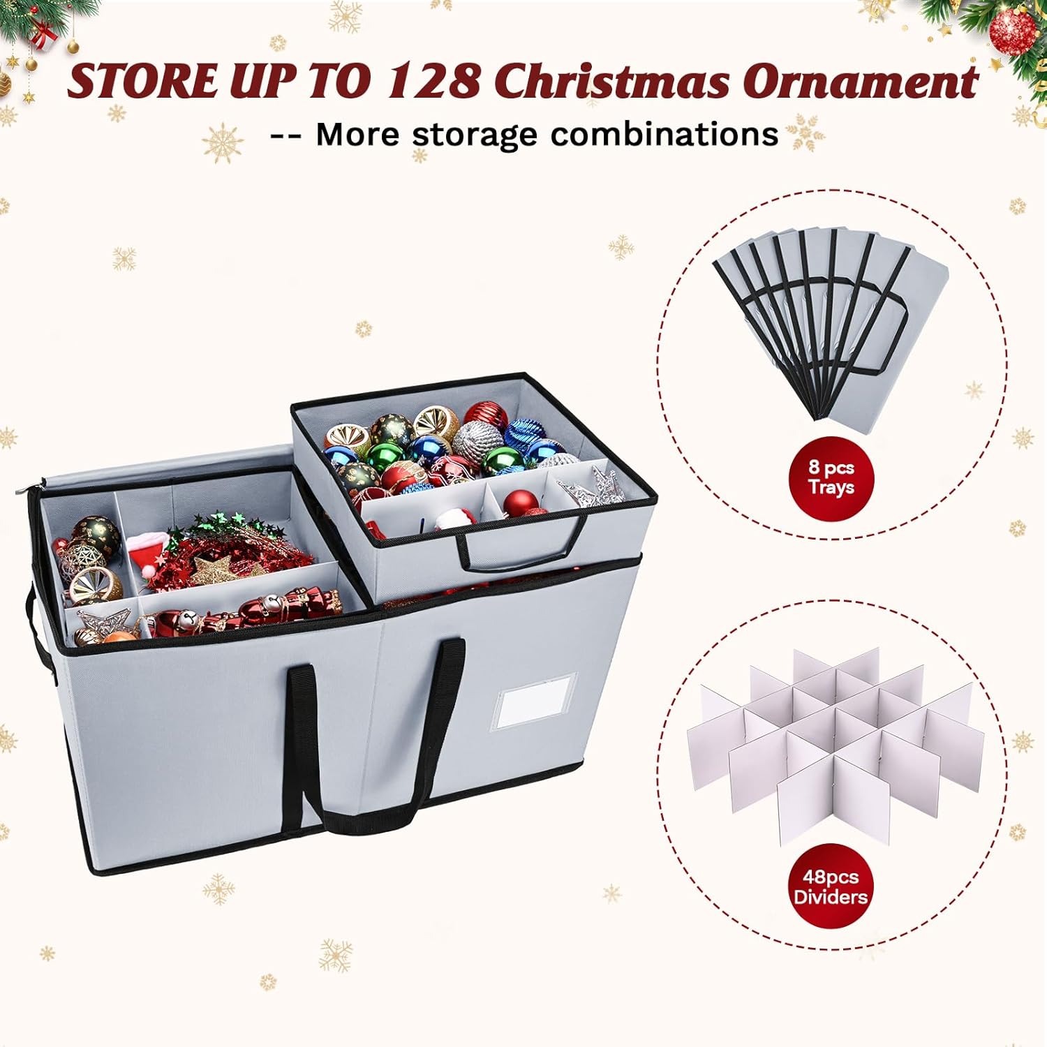Skiennix Christmas Ornament Storage Box - Organize 128 3-Inch Ornaments | 8 Removable Trays, Grey