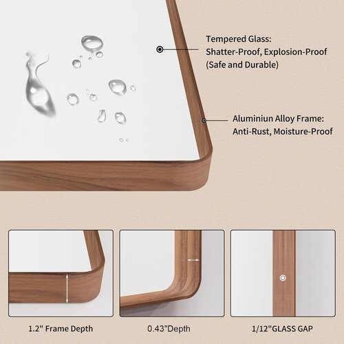 LOAAO Bathroom Mirror - 32X36 Inch Rounded Rectangle with Wood Grain Metal Frame | Anti-Rust, Versatile Hanging Options