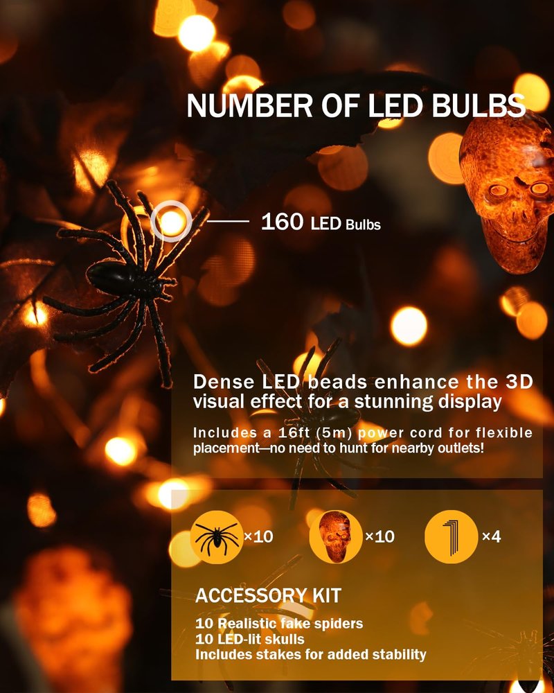 TYBEEU 6ft Black Maple Halloween Tree with LED Skull Lights & Spiders, 160 Bulbs, Dimmable Timer, 16ft Cord, Indoor & Outdoor Decor