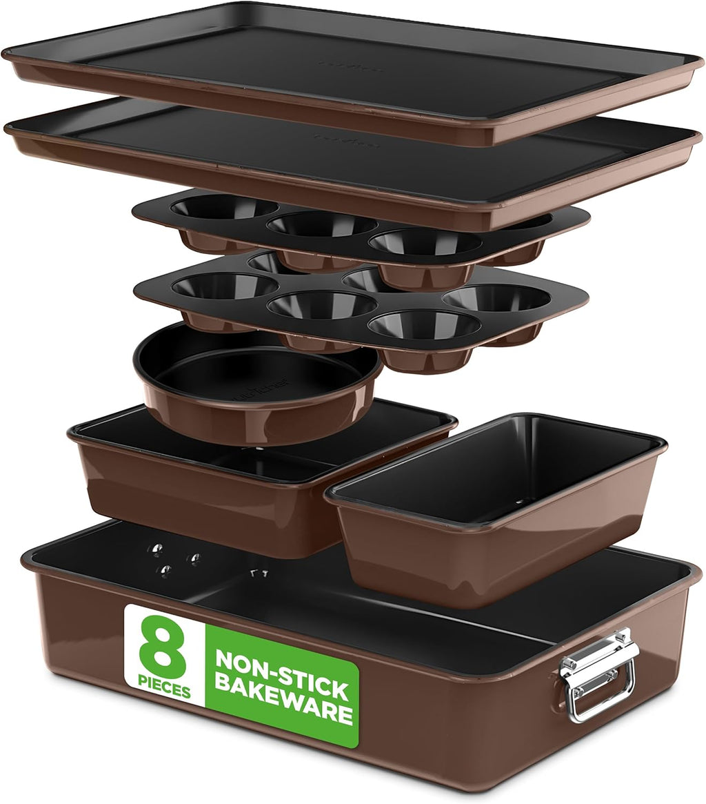 NutriChef 8-Piece Nonstick Bakeware Set - PFOA-Free Baking Trays, Oven Safe to 450°F, Brown