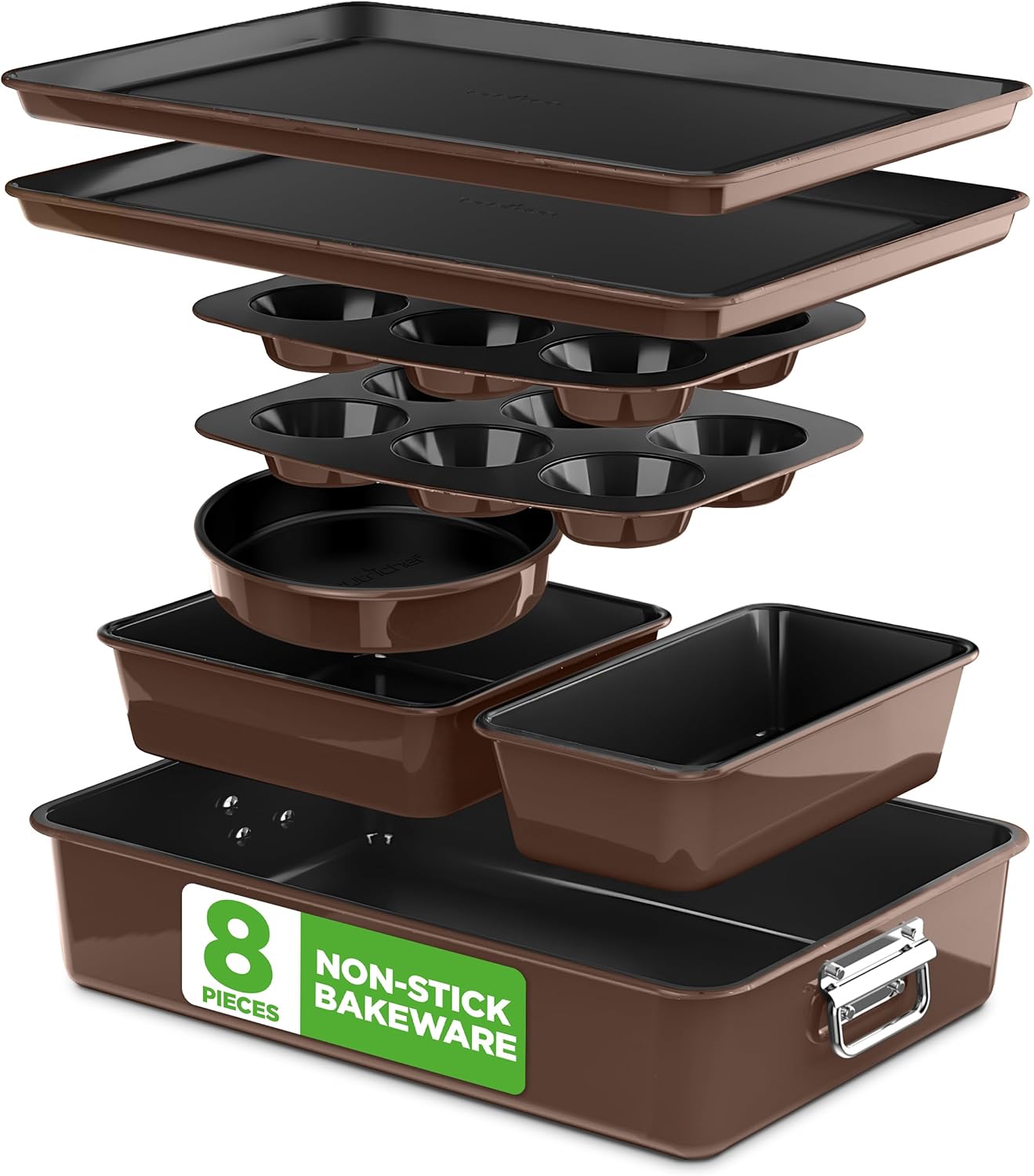 NutriChef 8-Piece Nonstick Bakeware Set - PFOA-Free Baking Trays, Oven Safe to 450°F, Brown