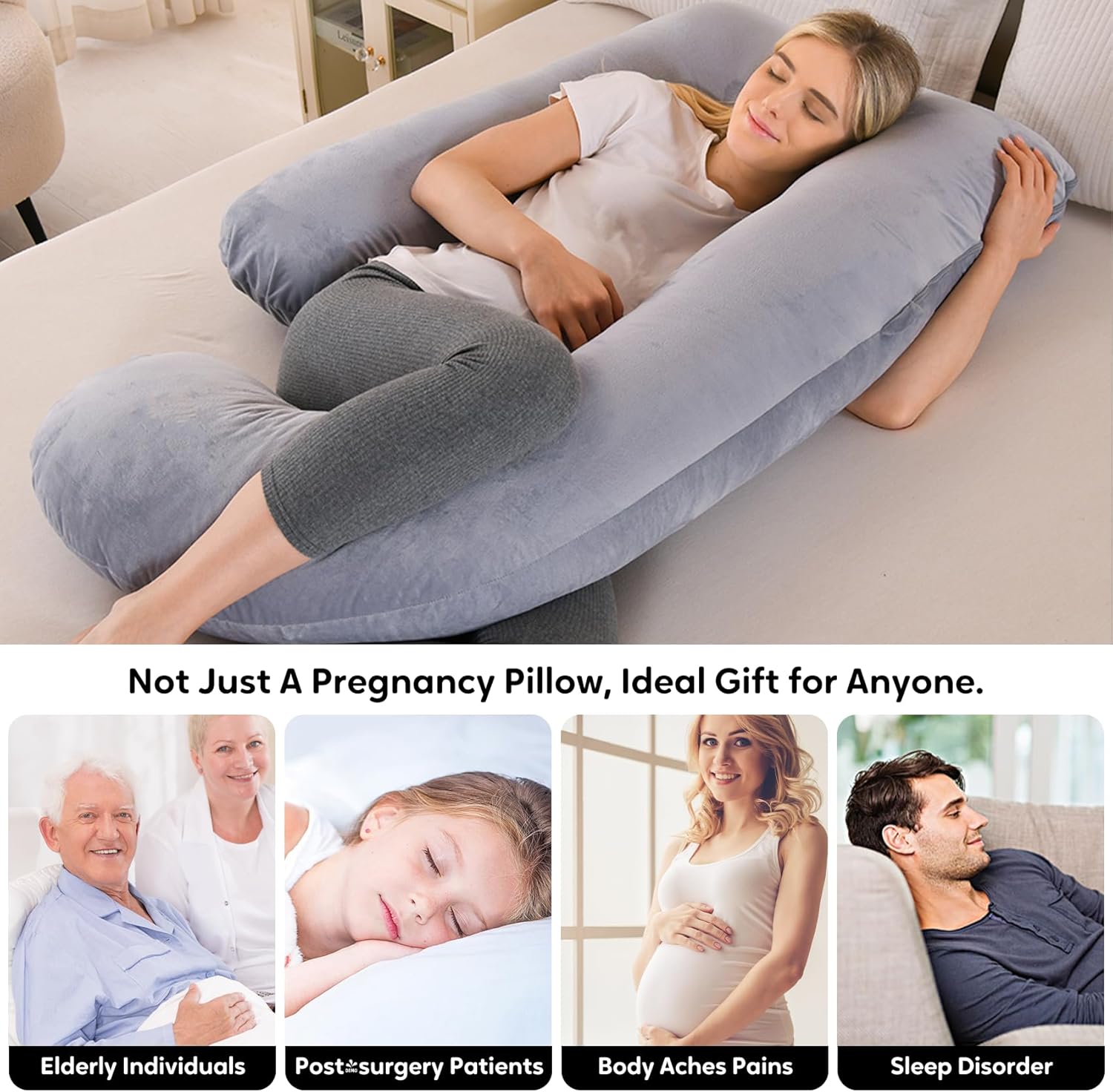 Skiennix U-Shaped Pregnancy Pillow - Full Body Support for Back, Hips & Belly | 65-Inch Velvet Grey Maternity Essential