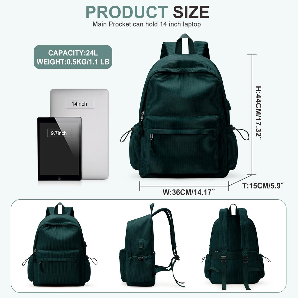 WEPOET School Backpack for Teens Boys Girls Cute Corduroy Bookbag Classic Casual High School Bag Lightweight College Backpack For Women Men(Green)